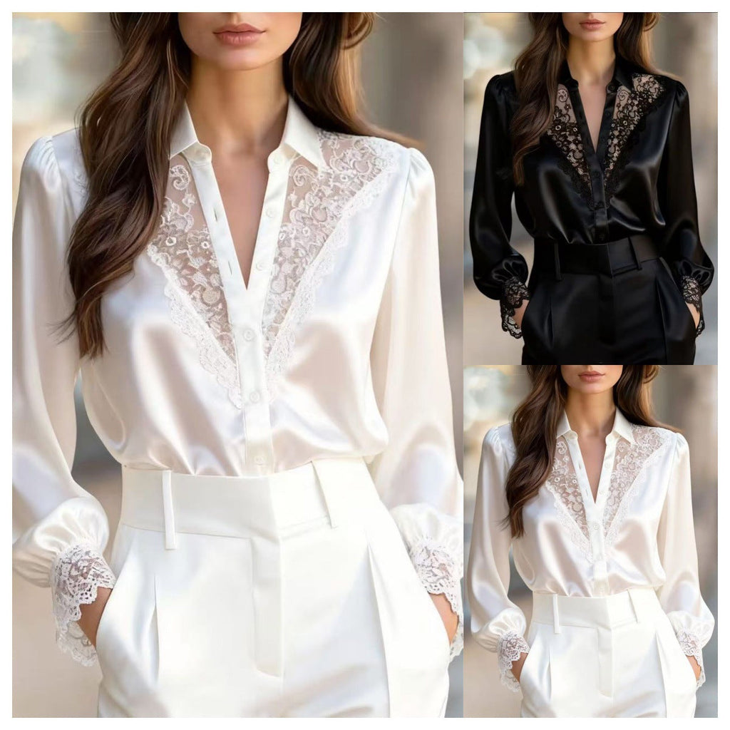 Damen elegante Bluse mit romantischen Spitzenakzenten