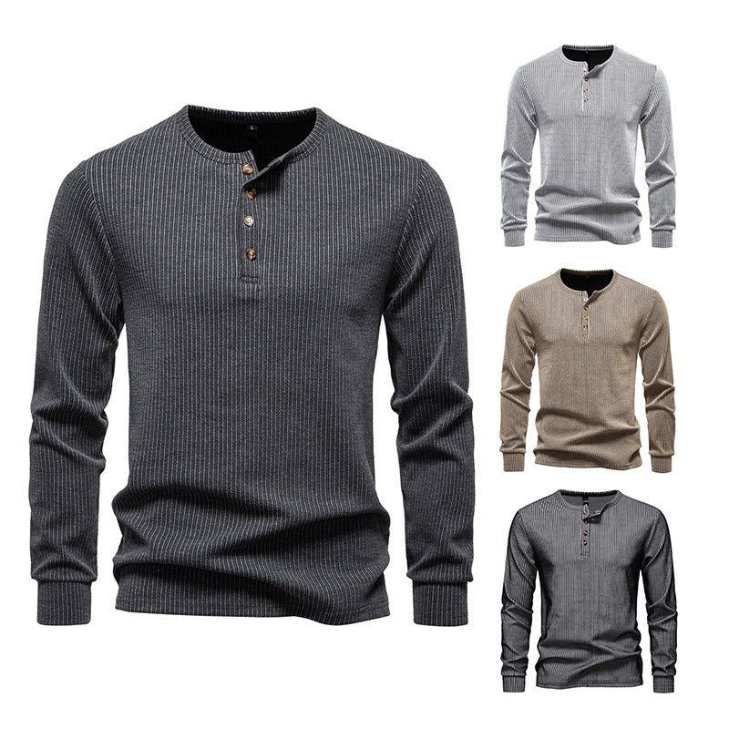 Herren Slim-Fit Gerippter Henley-Langarmpullover mit Rundhalsausschnitt und Knopfleiste Shop Nory