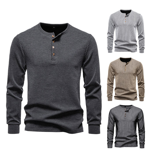 Herren Slim-Fit Gerippter Henley-Langarmpullover mit Rundhalsausschnitt und Knopfleiste Shop Nory