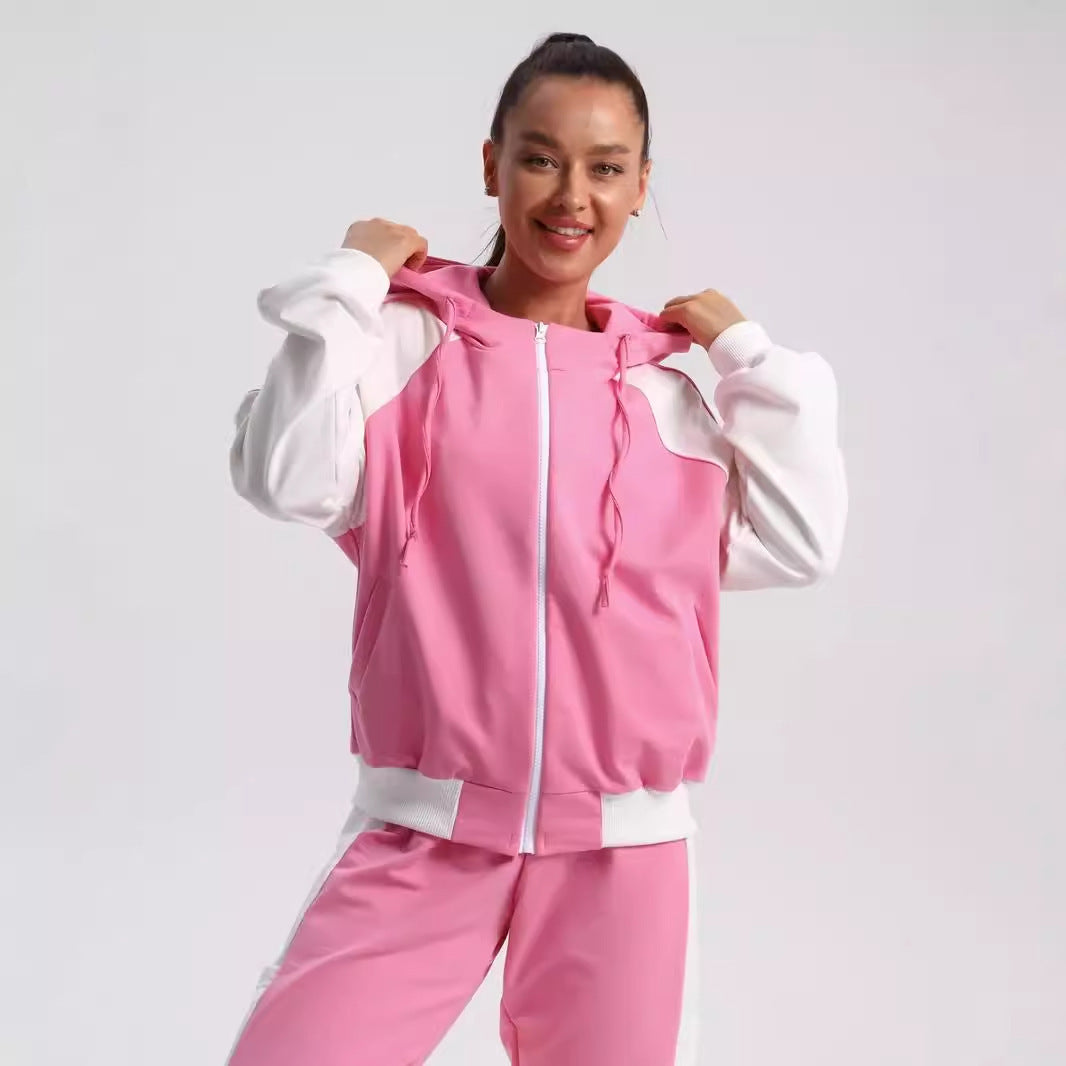 Damen sportlicher Kapuzen-Trainingsanzug aus Baumwollmix mit durchgehendem Reißverschluss und Kontrastärmeln Shop Nory