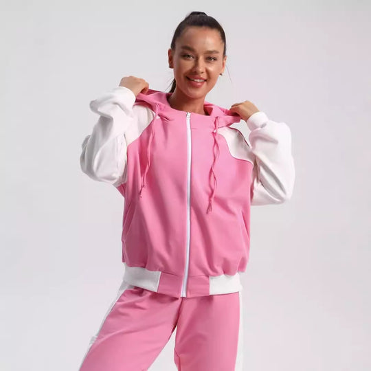 Damen sportlicher Kapuzen-Trainingsanzug aus Baumwollmix mit durchgehendem Reißverschluss und Kontrastärmeln Shop Nory