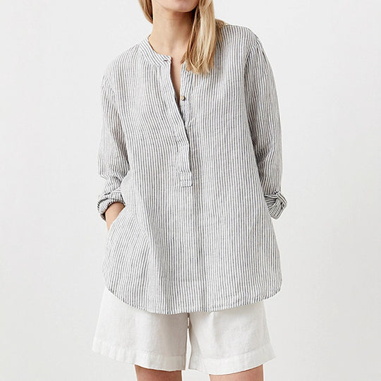 Damen Leichtes gestreiftes Tunika-Bluse mit Stehkragen und hohem Saum Shop Nory