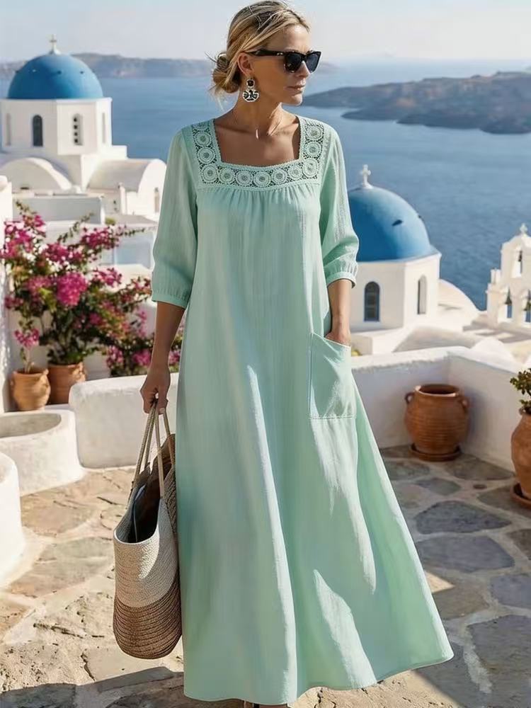 Damen Maxikleid mit gehäkeltem Quadrat-Ausschnitt, dreiviertel Ärmeln und Eingrifftasche Shop Nory