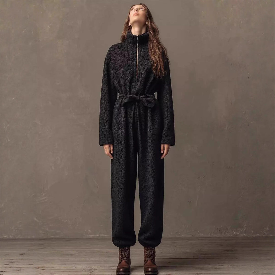 Damen Bouclé-Einteiler mit halbem Reißverschluss, Taillengürtel und weitem Bein Shop Nory