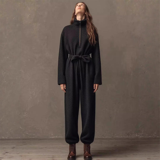 Damen Bouclé-Einteiler mit halbem Reißverschluss, Taillengürtel und weitem Bein Shop Nory