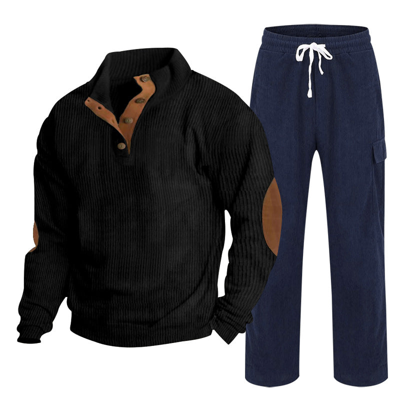 Herren Gemütliches Freizeit-Set aus Waffelstrick-Henley mit Ellenbogenpatch und Relax-Cargo-Hose Shop Nory