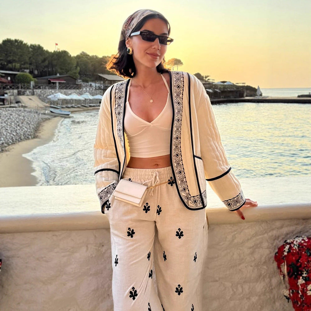 Damen Gestepptes Kimono-Cardigan mit geometrischer Stickbordüre Shop Nory