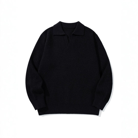 Herren Grobgestrickter Polokragen-Pullover mit V‑Ausschnitt und Rippenbündchen Shop Nory