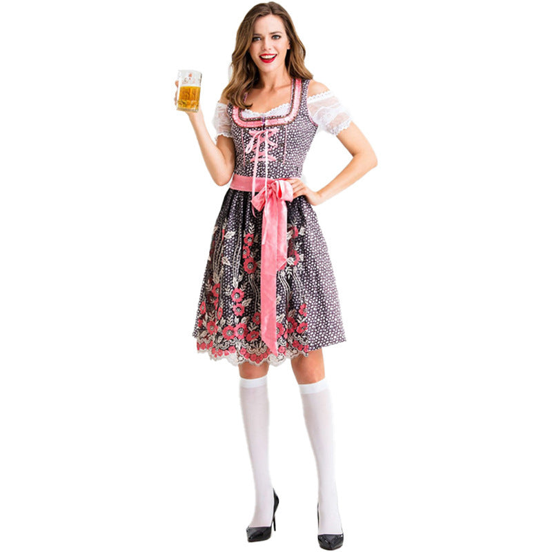 Damen nan traditionelles Kurzdirndl mit Spitzenärmeln, Schnürung und floraler Schürze Shop Nory