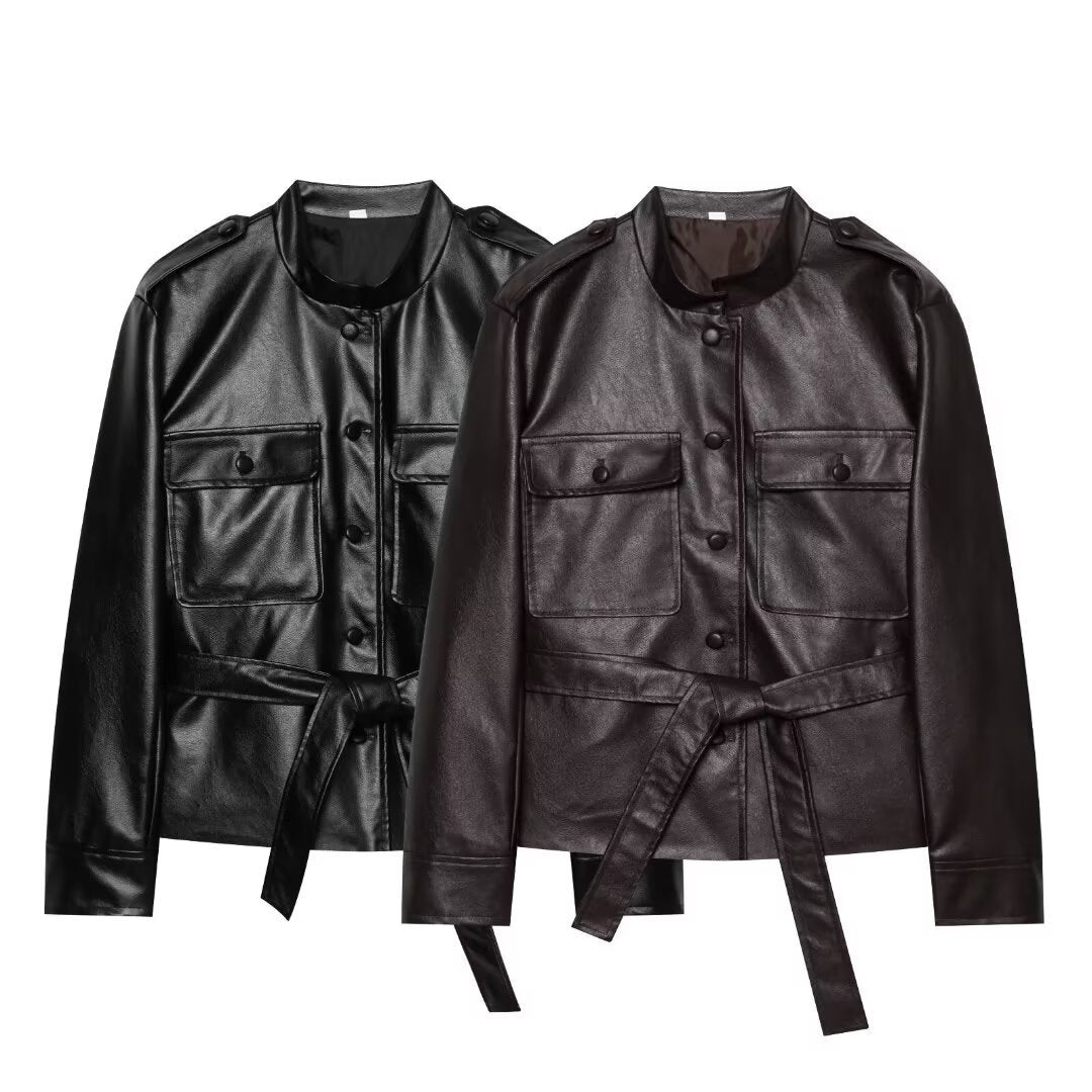 Damen Taillierter Kunstleder-Safari-Blouson mit Bindegürtel und Pattentaschen Shop Nory