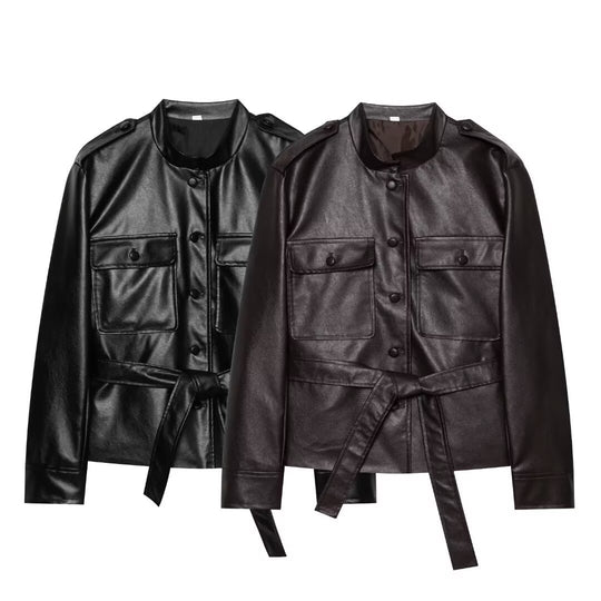 Damen Taillierter Kunstleder-Safari-Blouson mit Bindegürtel und Pattentaschen Shop Nory