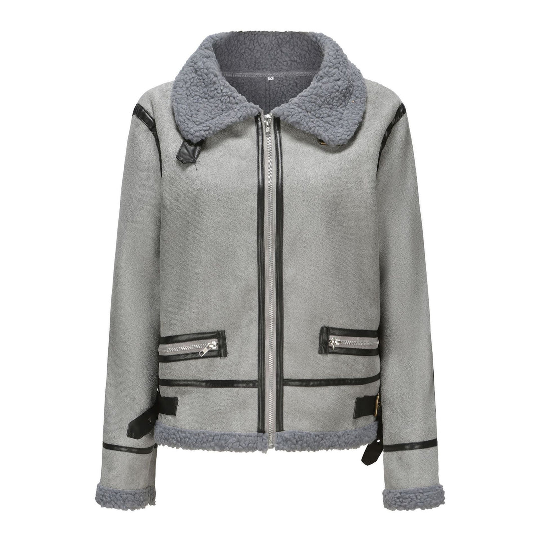 Damen Kurz geschnittene Aviator Lammfell‑Imitatjacke mit Teddyfutter und Kunstlederbesatz Shop Nory