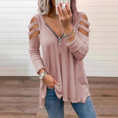 Damen lässiges Oberteil mit modischen Cut-Out-Details und Reißverschluss Shopnory