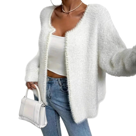 Damen Flauschiger Cardigan mit Perlknöpfen und lässigem Schnitt