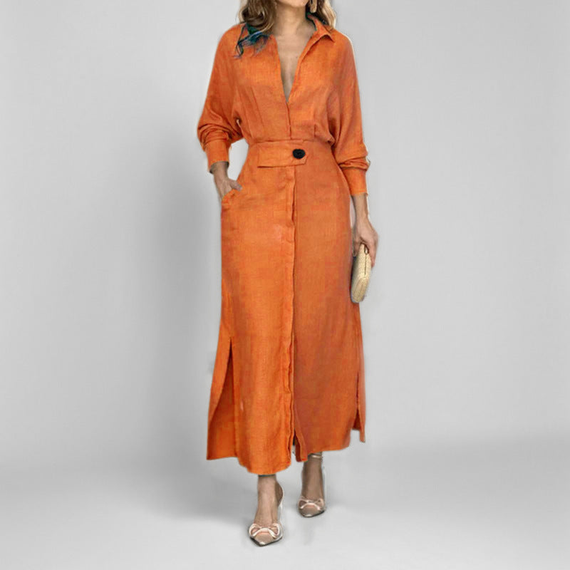 Damen Leinen-Maxikleid mit Hemdkragen, Taillengürtel und seitlichen Beinschlitzen Shop Nory