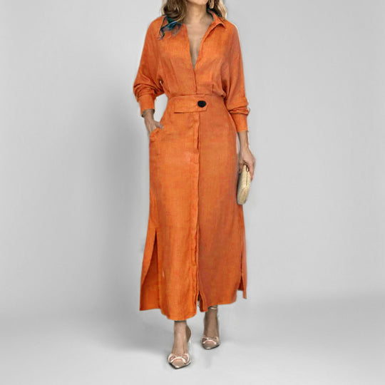 Damen Leinen-Maxikleid mit Hemdkragen, Taillengürtel und seitlichen Beinschlitzen Shop Nory
