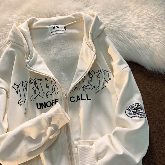 Unisex nan Reißverschluss-Hoodie mit Gothic-Schriftzug, Kapuze, Kängurutasche und Ärmelflock-Patch Shop Nory
