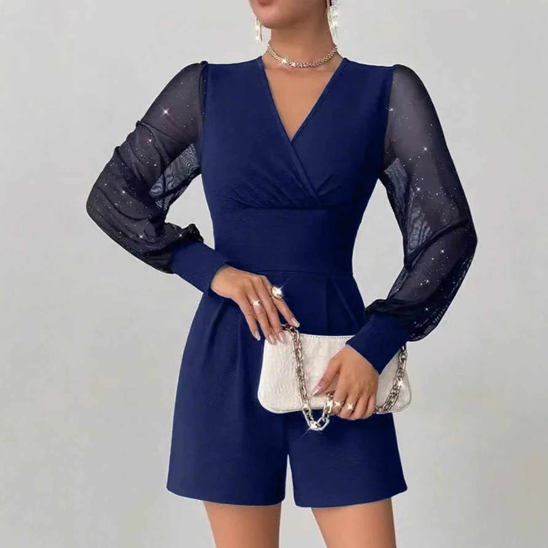 Damen eleganter Jumpsuit mit transparenten Puffärmeln und V-Ausschnitt
