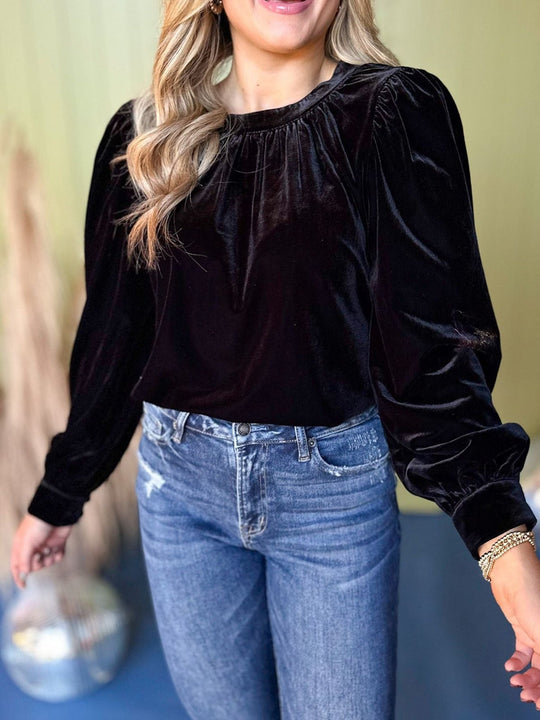 Damen Samtbluse mit Ballonärmeln und gerafftem Stehkragen Shop Nory