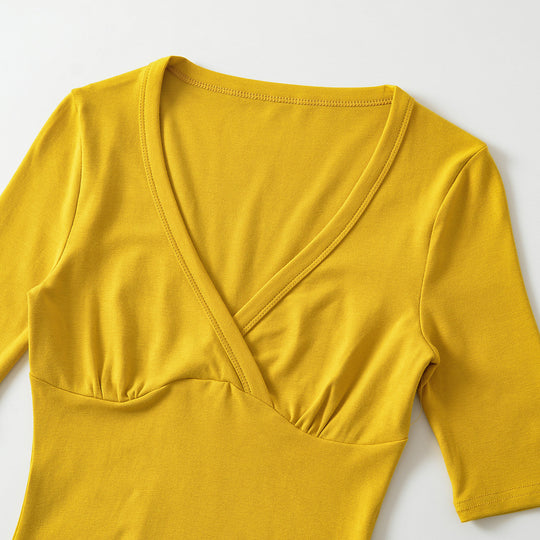 Damen Figurbetontes Wickelshirt mit tiefem V-Ausschnitt, dreiviertelärmeln und Taillenbetonung Shop Nory