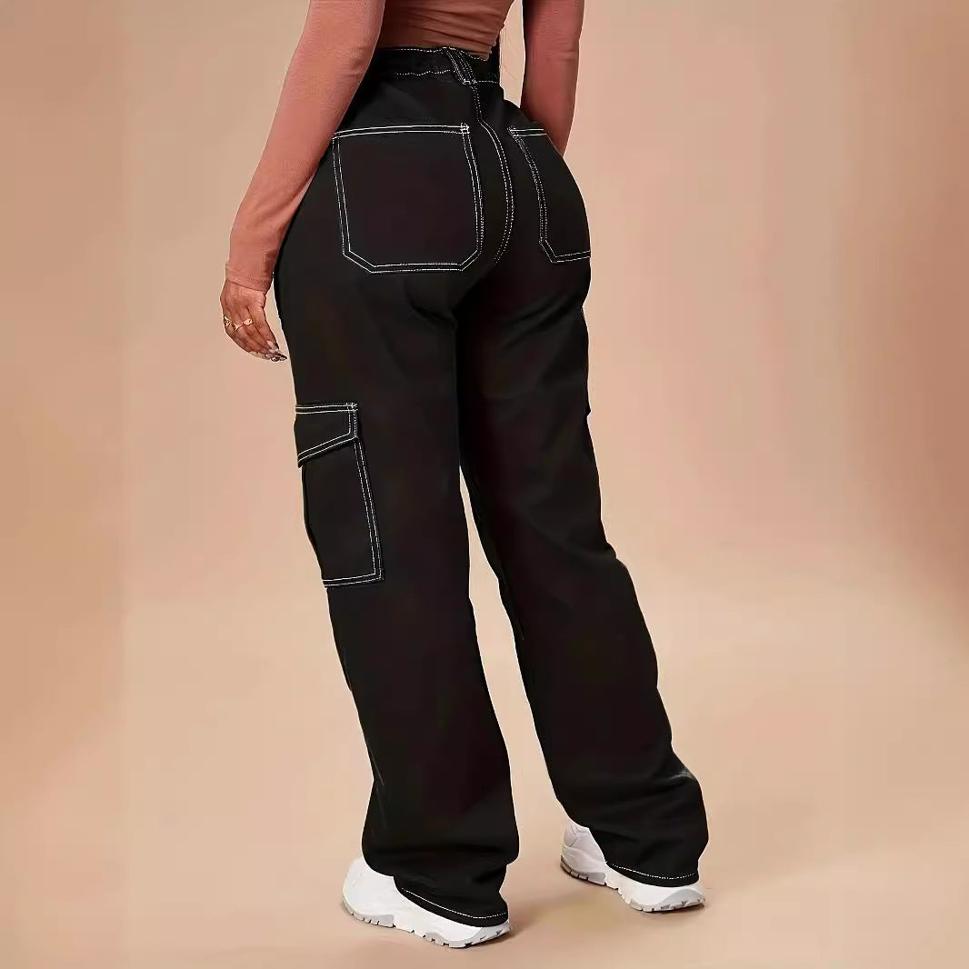 Damen Utility-Cargo-Hose mit weitem Bein, hoher Taille und kontrastierenden Ziernähten Shop Nory