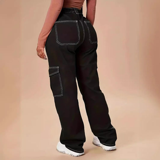 Damen Utility-Cargo-Hose mit weitem Bein, hoher Taille und kontrastierenden Ziernähten Shop Nory