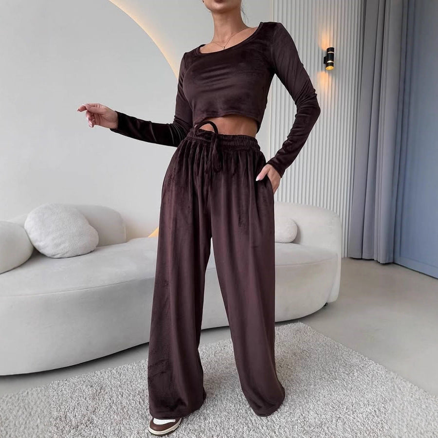 Damen Samt-Loungewear-Set mit Cropped-Langarmshirt und hoher Taillen-Palazzohose Shop Nory