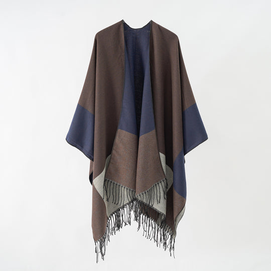 Damen Oversize-Ruana aus Wollmix mit Farbblock‑Design und Fransen Shop Nory