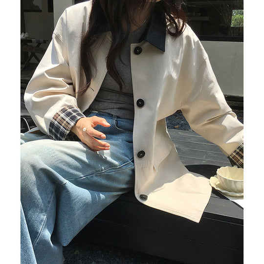 Damen Kurz-Boxy-Jacke im Trenchstil mit kontrastkragen und verstellbaren Manschetten Shop Nory