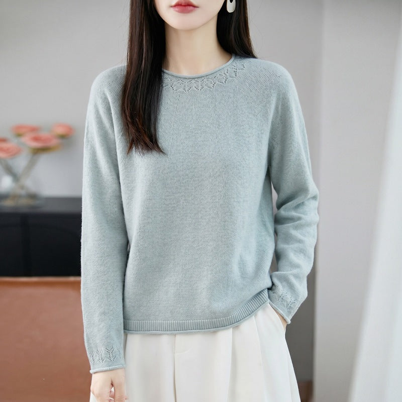 Damen Leichter Feinstrick-Rundhalspullover mit Ajourspitzen‑Detail und legerer Silhouette Shop Nory