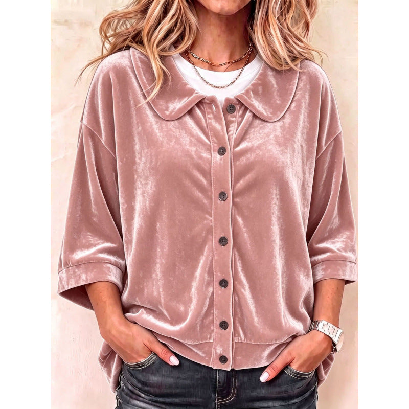 Damen Samt-Button-Down-Hemdbluse mit abgerundetem Kragen Shop Nory