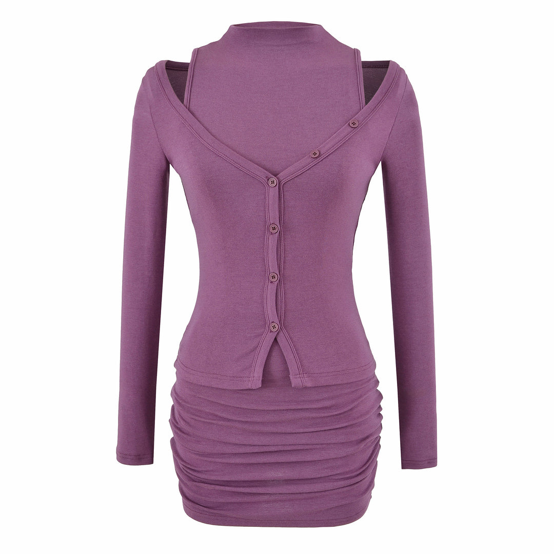 Damen Zweiteiliges Strick-Set mit integrierter Highneck-Weste und asymmetrischer Knopf-Cardigan Shop Nory