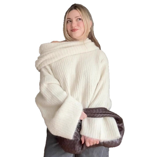 Damen Oversize Schulterfreier Rippstrick-Pullover mit weiten Glockenärmeln Shop Nory