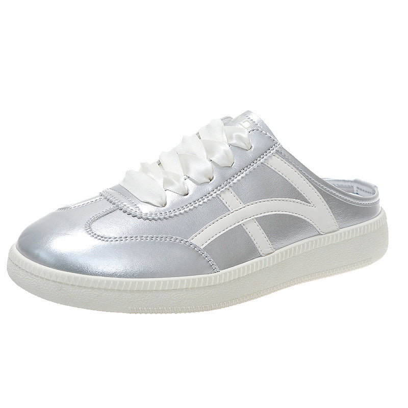Damen Satin-Schnürpantoffel Mule-Sneaker mit offener Fersenpartie und Metallic-Optik Shop Nory