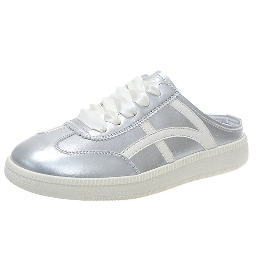 Damen Satin-Schnürpantoffel Mule-Sneaker mit offener Fersenpartie und Metallic-Optik Shop Nory