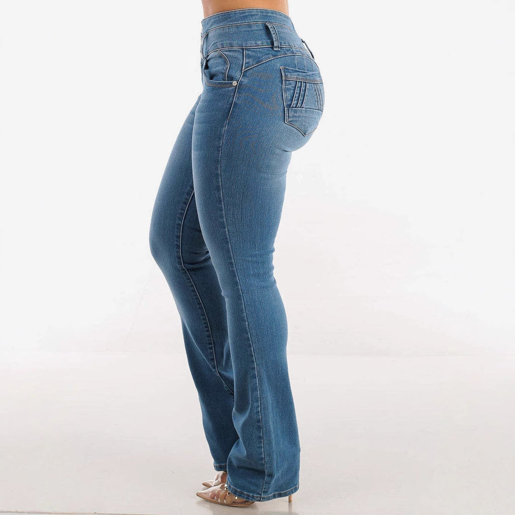 Damen High-Waist Bootcut Jeans mit dekorativen Knopfdetails und figurbetontem Schnitt