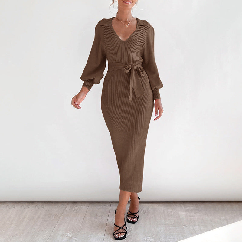 Damen Midikleid aus Rippstrick mit V‑Ausschnitt, Hemdkragen, Balloonärmeln & Bindegürtel Shop Nory