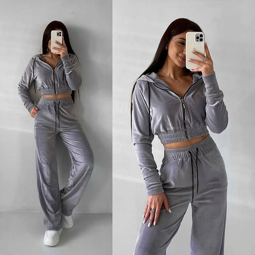 Damen Samt-Loungewear-Set mit Cropped Zip-Kapuzenjacke und weiter Palazzohose Shop Nory