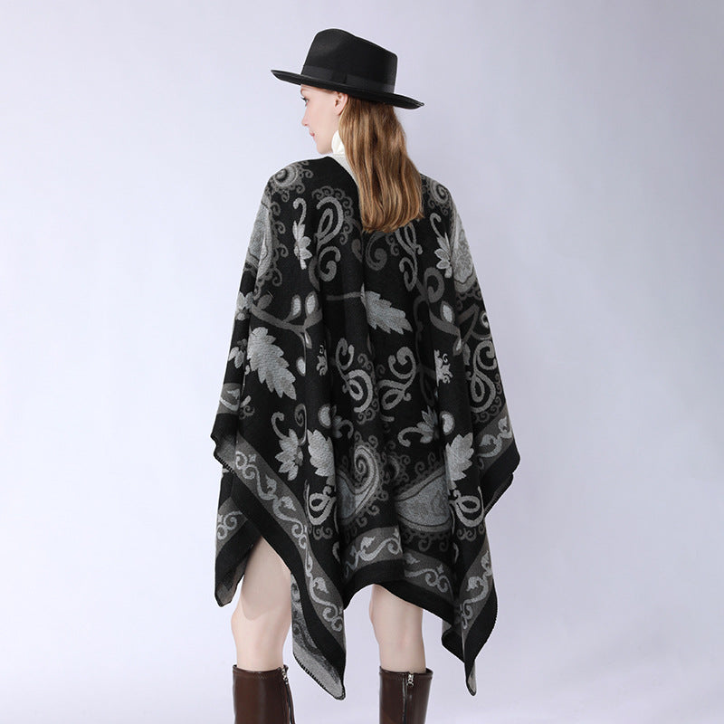 Damen Wollmix-Poncho-Umhang mit Paisley-Jacquard und Ziernaht Shop Nory