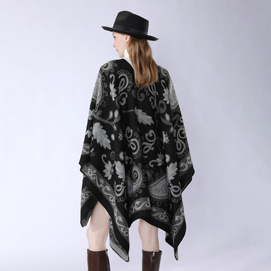 Damen Wollmix-Poncho-Umhang mit Paisley-Jacquard und Ziernaht Shop Nory