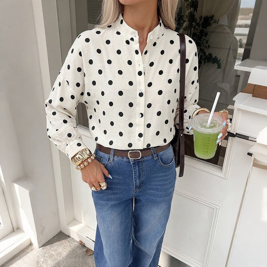 Damen gepunktete Viskose-Bluse mit Stehkragen und Perlmuttknöpfen Shop Nory