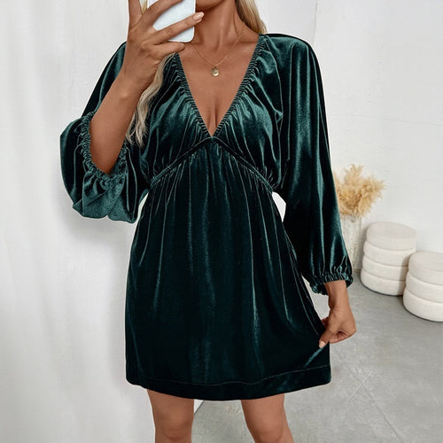 Damen Elegantes Samtkleid mit V-Ausschnitt und Puffärmeln Shop Nory
