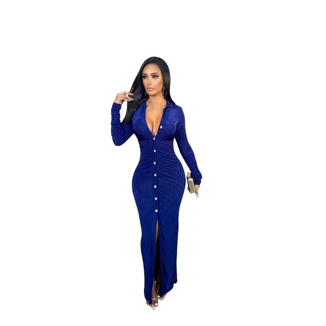 Damen Figurbetontes Maxikleid mit Knopfleiste, Raffung und tiefem V-Ausschnitt Shop Nory