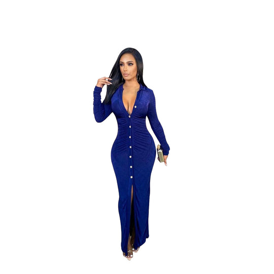 Damen Figurbetontes Maxikleid mit Knopfleiste, Raffung und tiefem V-Ausschnitt Shop Nory