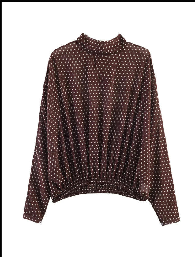 Damen Zweiteiliges Pünktchen-Set mit Stehkragenbluse und ausgestelltem Midirock Shop Nory