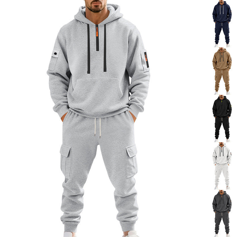 Herren nan zweiteiliges Utility-Freizeitset Hoodie mit halbhohem Reißverschluss, Ärmeltasche und Cargo-Jogginghose mit Klappentaschen Shop Nory