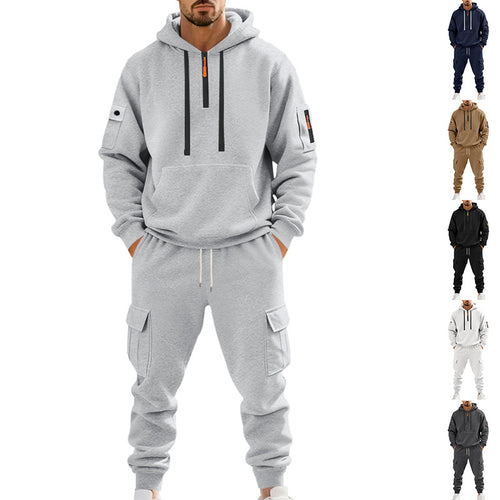 Herren nan zweiteiliges Utility-Freizeitset Hoodie mit halbhohem Reißverschluss, Ärmeltasche und Cargo-Jogginghose mit Klappentaschen Shop Nory