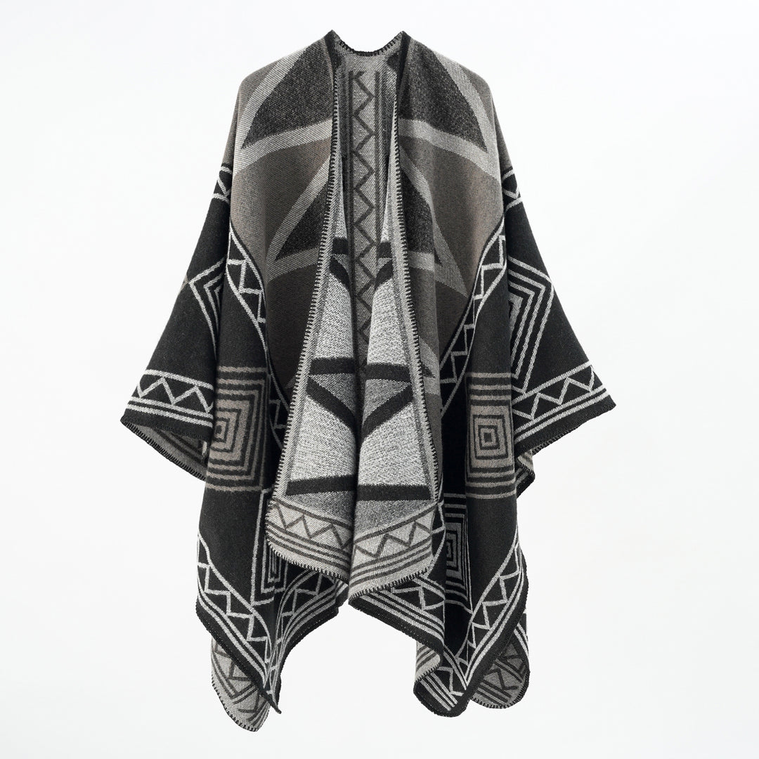 Damen Geometrischer Wollmix-Überwurfponcho mit Kettelkante Shop Nory