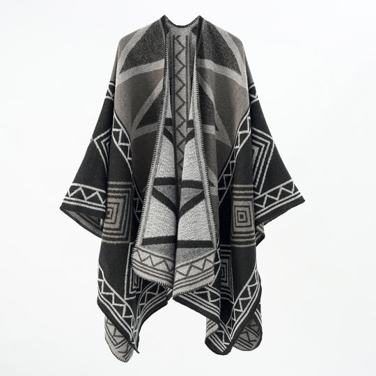Damen Geometrischer Wollmix-Überwurfponcho mit Kettelkante Shop Nory