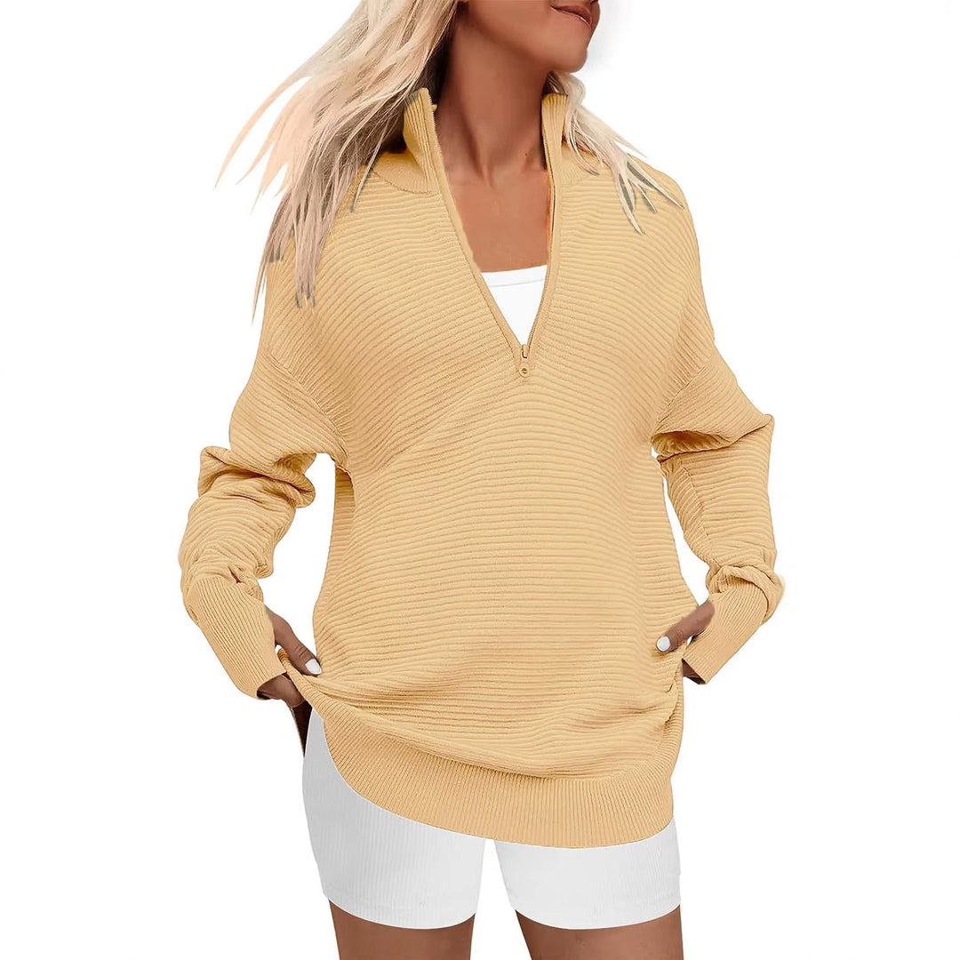 Damen Oversize-Feinstrickpullover mit halbem Reißverschluss, Stehkrragen und Daumenloch-Ärmeln Shop Nory